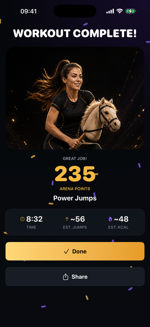 Workout completion screen with a fully visible rider and 235 Arena Points