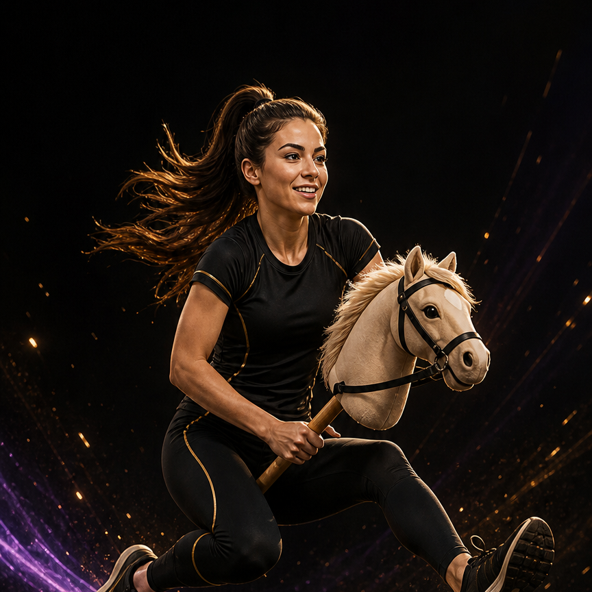 Athlete jumping with a hobby horse, with her full head visible