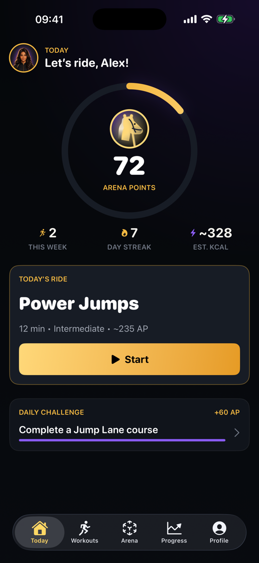 Today dashboard with rider artwork, points, streak, and daily challenge