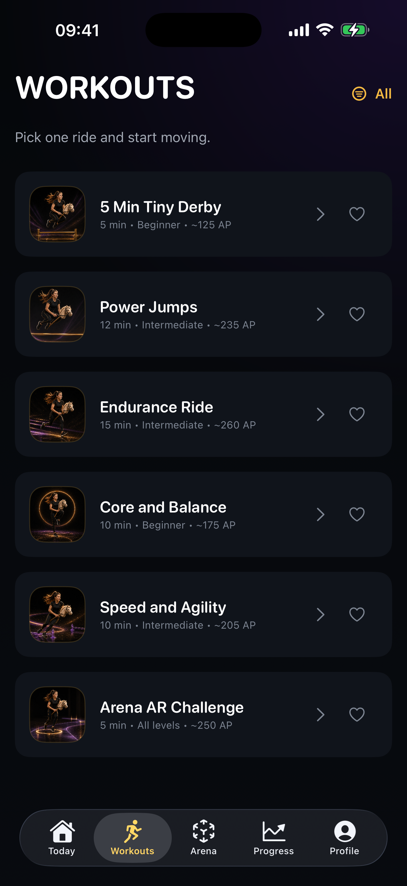 Dark workout catalog with gold and violet cards